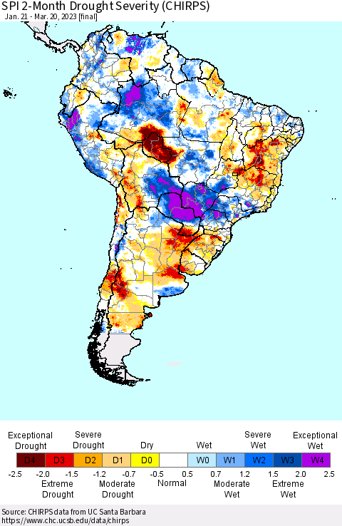 South America SPI 2-Month Drought Severity (CHIRPS) Thematic Map For 1/21/2023 - 3/20/2023