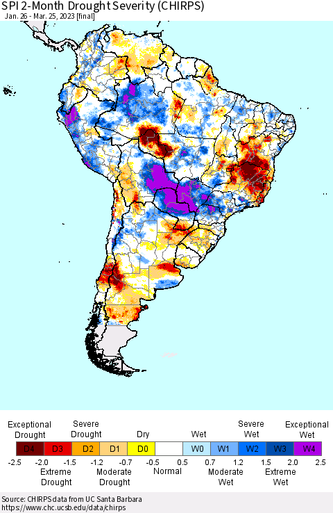 South America SPI 2-Month Drought Severity (CHIRPS) Thematic Map For 1/26/2023 - 3/25/2023