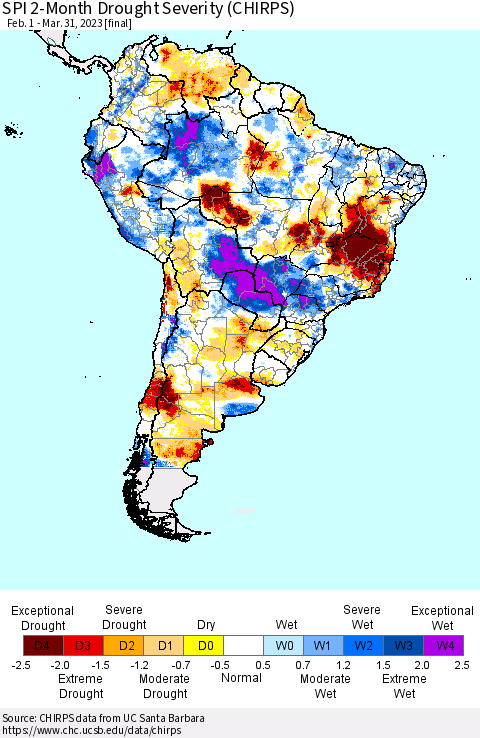 South America SPI 2-Month Drought Severity (CHIRPS) Thematic Map For 2/1/2023 - 3/31/2023