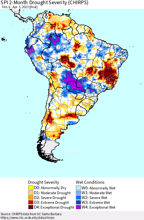 South America SPI 2-Month Drought Severity (CHIRPS) Thematic Map For 2/6/2023 - 4/5/2023