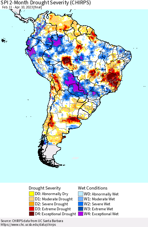 South America SPI 2-Month Drought Severity (CHIRPS) Thematic Map For 2/11/2023 - 4/10/2023