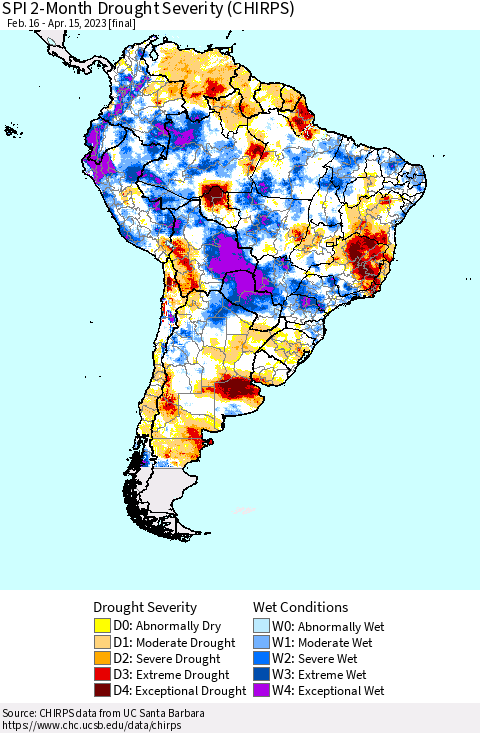South America SPI 2-Month Drought Severity (CHIRPS) Thematic Map For 2/16/2023 - 4/15/2023