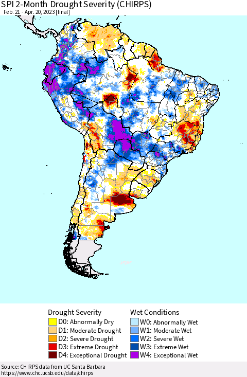South America SPI 2-Month Drought Severity (CHIRPS) Thematic Map For 2/21/2023 - 4/20/2023