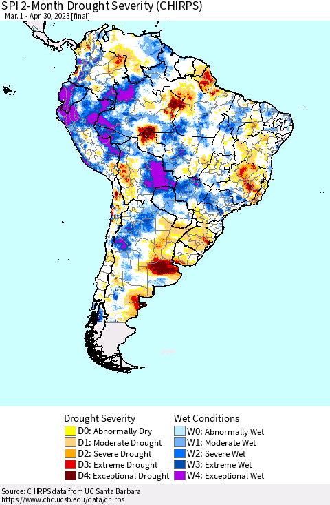 South America SPI 2-Month Drought Severity (CHIRPS) Thematic Map For 3/1/2023 - 4/30/2023