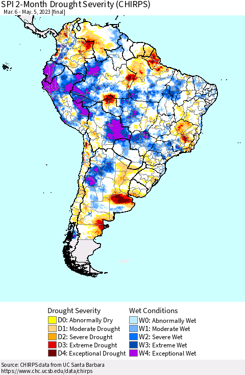 South America SPI 2-Month Drought Severity (CHIRPS) Thematic Map For 3/6/2023 - 5/5/2023