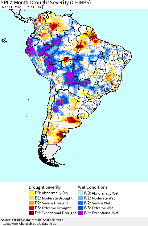 South America SPI 2-Month Drought Severity (CHIRPS) Thematic Map For 3/11/2023 - 5/10/2023