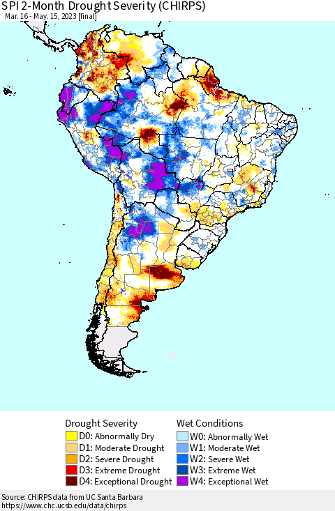 South America SPI 2-Month Drought Severity (CHIRPS) Thematic Map For 3/16/2023 - 5/15/2023