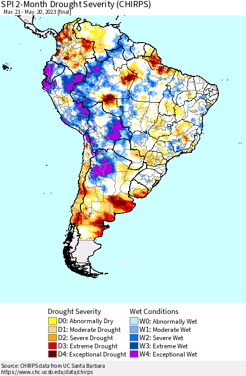 South America SPI 2-Month Drought Severity (CHIRPS) Thematic Map For 3/21/2023 - 5/20/2023