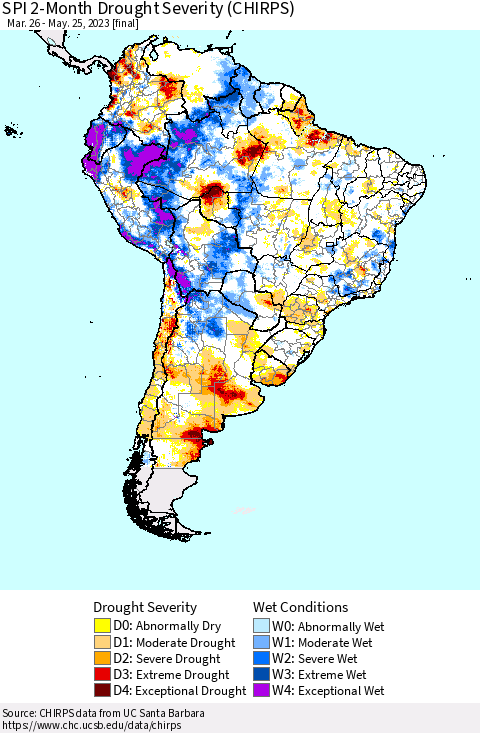 South America SPI 2-Month Drought Severity (CHIRPS) Thematic Map For 3/26/2023 - 5/25/2023