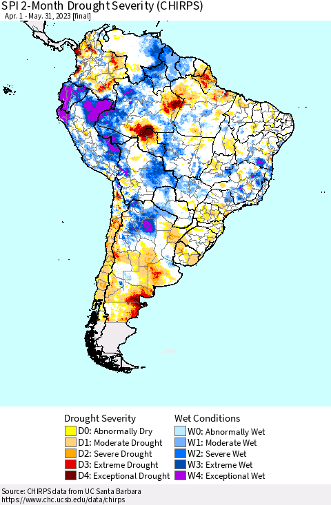 South America SPI 2-Month Drought Severity (CHIRPS) Thematic Map For 4/1/2023 - 5/31/2023