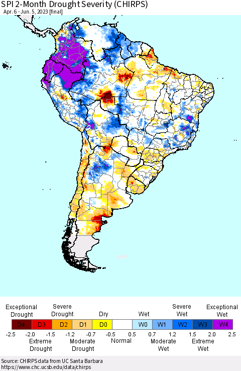 South America SPI 2-Month Drought Severity (CHIRPS) Thematic Map For 4/6/2023 - 6/5/2023