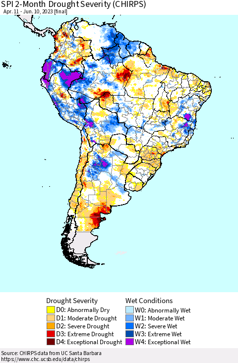 South America SPI 2-Month Drought Severity (CHIRPS) Thematic Map For 4/11/2023 - 6/10/2023