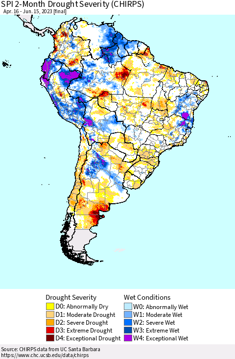 South America SPI 2-Month Drought Severity (CHIRPS) Thematic Map For 4/16/2023 - 6/15/2023