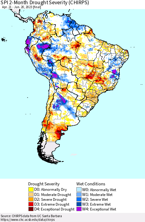 South America SPI 2-Month Drought Severity (CHIRPS) Thematic Map For 4/21/2023 - 6/20/2023