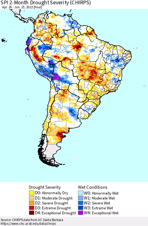 South America SPI 2-Month Drought Severity (CHIRPS) Thematic Map For 4/26/2023 - 6/25/2023