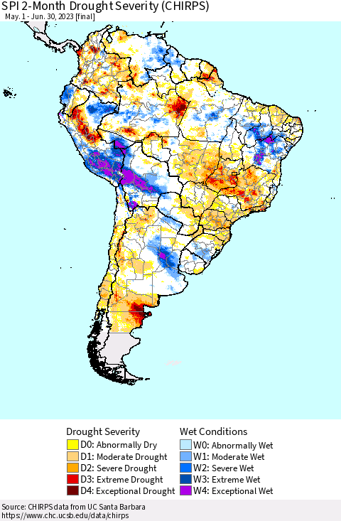 South America SPI 2-Month Drought Severity (CHIRPS) Thematic Map For 5/1/2023 - 6/30/2023
