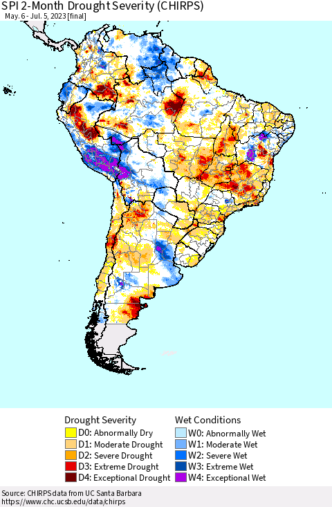 South America SPI 2-Month Drought Severity (CHIRPS) Thematic Map For 5/6/2023 - 7/5/2023