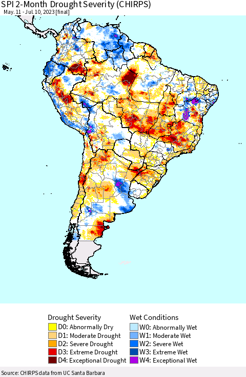 South America SPI 2-Month Drought Severity (CHIRPS) Thematic Map For 5/11/2023 - 7/10/2023