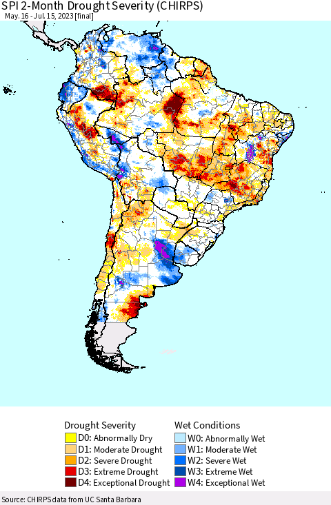South America SPI 2-Month Drought Severity (CHIRPS) Thematic Map For 5/16/2023 - 7/15/2023