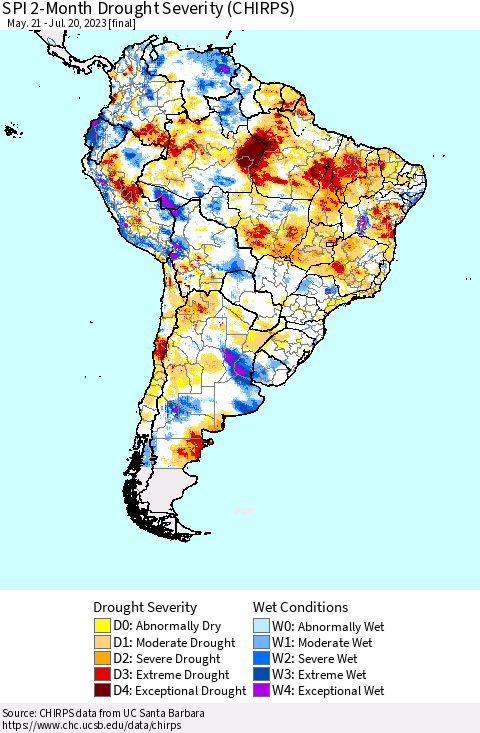 South America SPI 2-Month Drought Severity (CHIRPS) Thematic Map For 5/21/2023 - 7/20/2023
