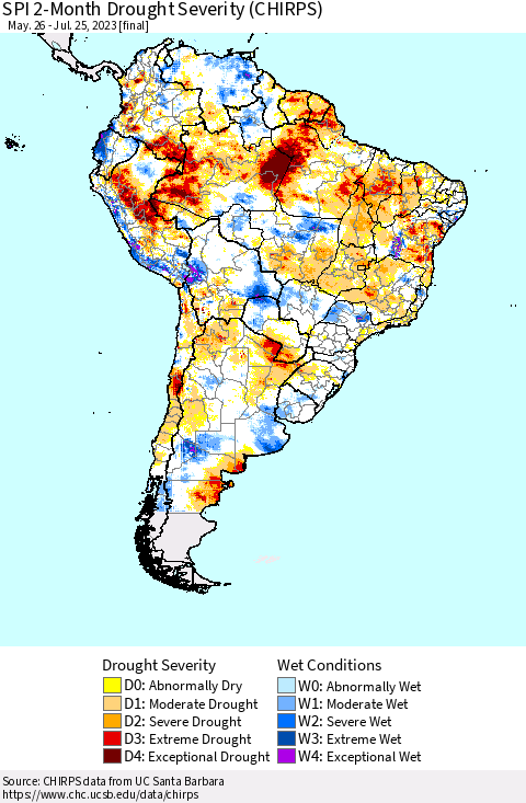 South America SPI 2-Month Drought Severity (CHIRPS) Thematic Map For 5/26/2023 - 7/25/2023