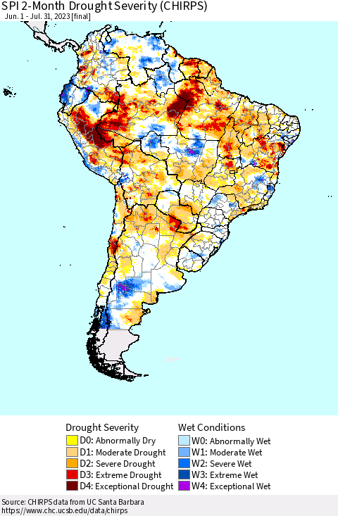South America SPI 2-Month Drought Severity (CHIRPS) Thematic Map For 6/1/2023 - 7/31/2023