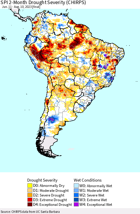 South America SPI 2-Month Drought Severity (CHIRPS) Thematic Map For 6/11/2023 - 8/10/2023