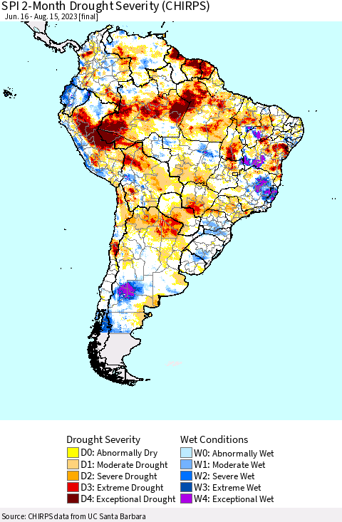 South America SPI 2-Month Drought Severity (CHIRPS) Thematic Map For 6/16/2023 - 8/15/2023