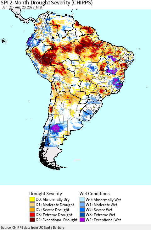 South America SPI 2-Month Drought Severity (CHIRPS) Thematic Map For 6/21/2023 - 8/20/2023