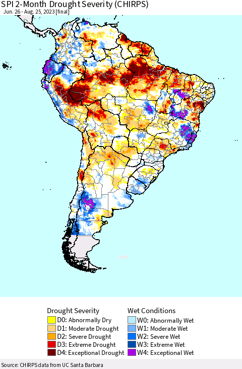 South America SPI 2-Month Drought Severity (CHIRPS) Thematic Map For 6/26/2023 - 8/25/2023