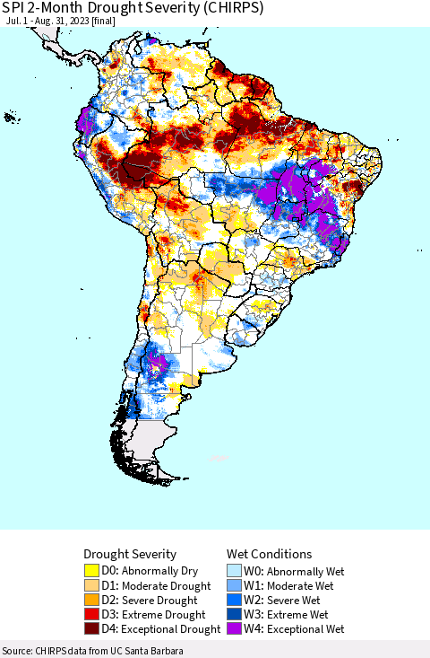 South America SPI 2-Month Drought Severity (CHIRPS) Thematic Map For 7/1/2023 - 8/31/2023