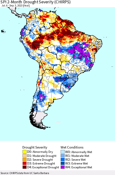 South America SPI 2-Month Drought Severity (CHIRPS) Thematic Map For 7/6/2023 - 9/5/2023