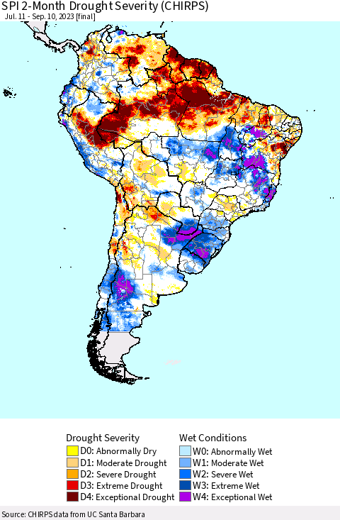 South America SPI 2-Month Drought Severity (CHIRPS) Thematic Map For 7/11/2023 - 9/10/2023