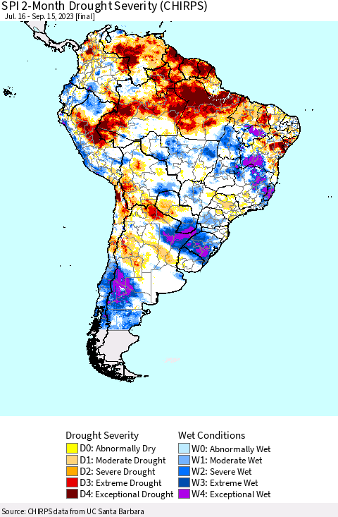 South America SPI 2-Month Drought Severity (CHIRPS) Thematic Map For 7/16/2023 - 9/15/2023