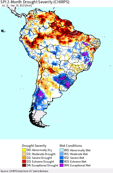 South America SPI 2-Month Drought Severity (CHIRPS) Thematic Map For 7/21/2023 - 9/20/2023