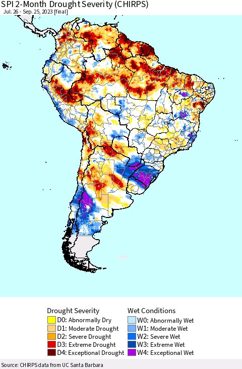 South America SPI 2-Month Drought Severity (CHIRPS) Thematic Map For 7/26/2023 - 9/25/2023
