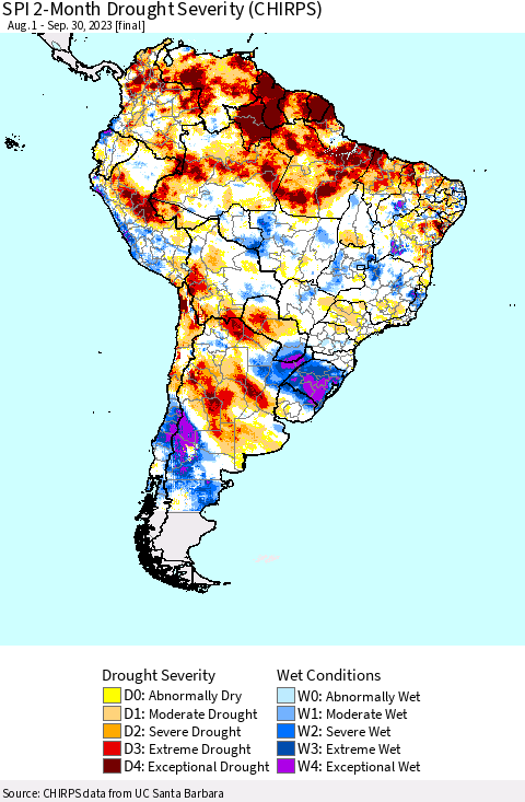 South America SPI 2-Month Drought Severity (CHIRPS) Thematic Map For 8/1/2023 - 9/30/2023