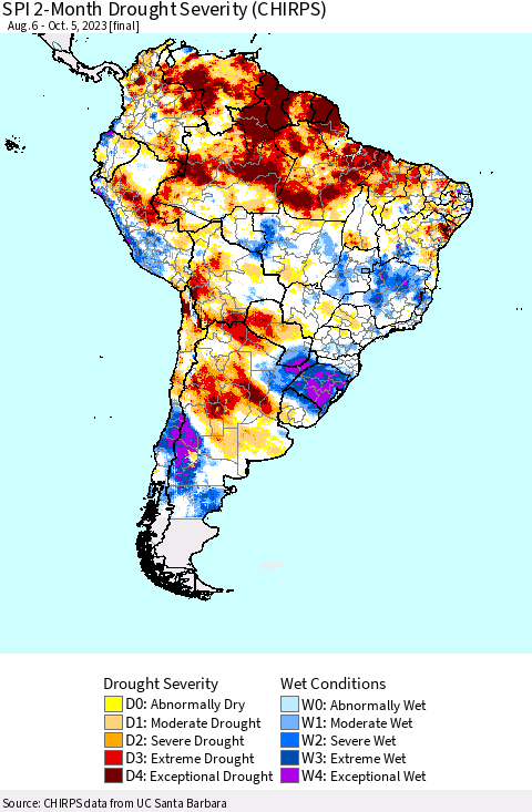 South America SPI 2-Month Drought Severity (CHIRPS) Thematic Map For 8/6/2023 - 10/5/2023