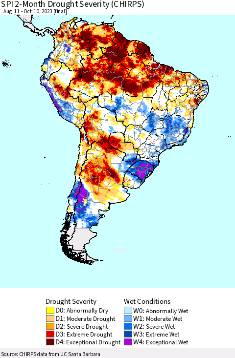 South America SPI 2-Month Drought Severity (CHIRPS) Thematic Map For 8/11/2023 - 10/10/2023