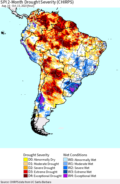 South America SPI 2-Month Drought Severity (CHIRPS) Thematic Map For 8/16/2023 - 10/15/2023
