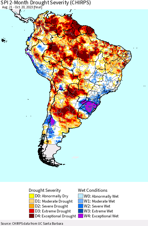 South America SPI 2-Month Drought Severity (CHIRPS) Thematic Map For 8/21/2023 - 10/20/2023