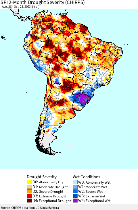 South America SPI 2-Month Drought Severity (CHIRPS) Thematic Map For 8/26/2023 - 10/25/2023