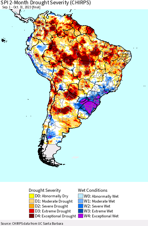 South America SPI 2-Month Drought Severity (CHIRPS) Thematic Map For 9/1/2023 - 10/31/2023