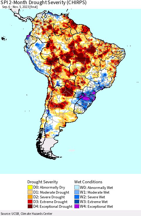 South America SPI 2-Month Drought Severity (CHIRPS) Thematic Map For 9/6/2023 - 11/5/2023