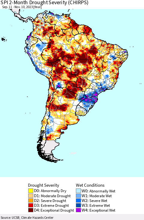 South America SPI 2-Month Drought Severity (CHIRPS) Thematic Map For 9/11/2023 - 11/10/2023