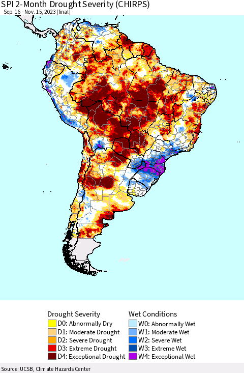 South America SPI 2-Month Drought Severity (CHIRPS) Thematic Map For 9/16/2023 - 11/15/2023