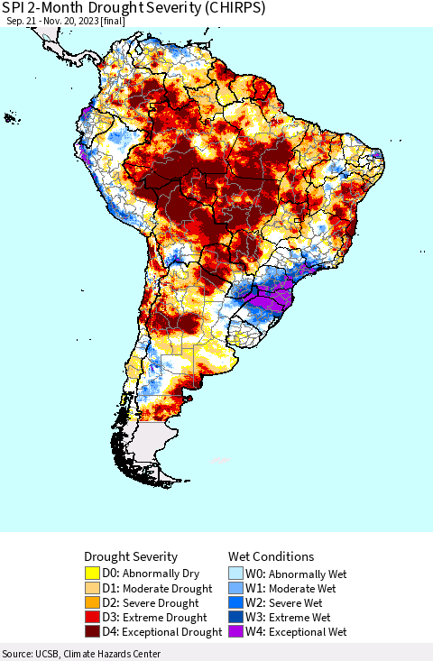 South America SPI 2-Month Drought Severity (CHIRPS) Thematic Map For 9/21/2023 - 11/20/2023