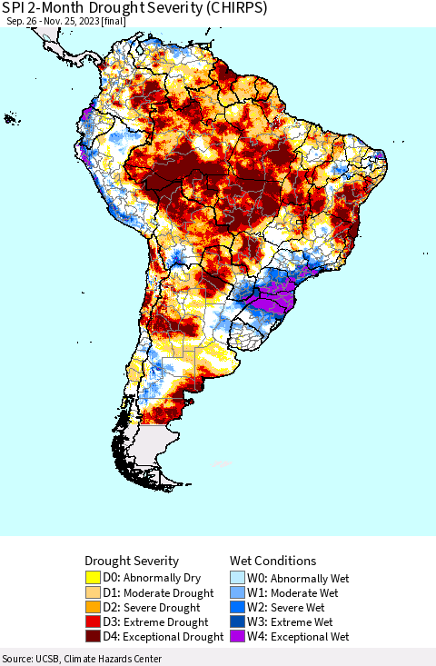 South America SPI 2-Month Drought Severity (CHIRPS) Thematic Map For 9/26/2023 - 11/25/2023