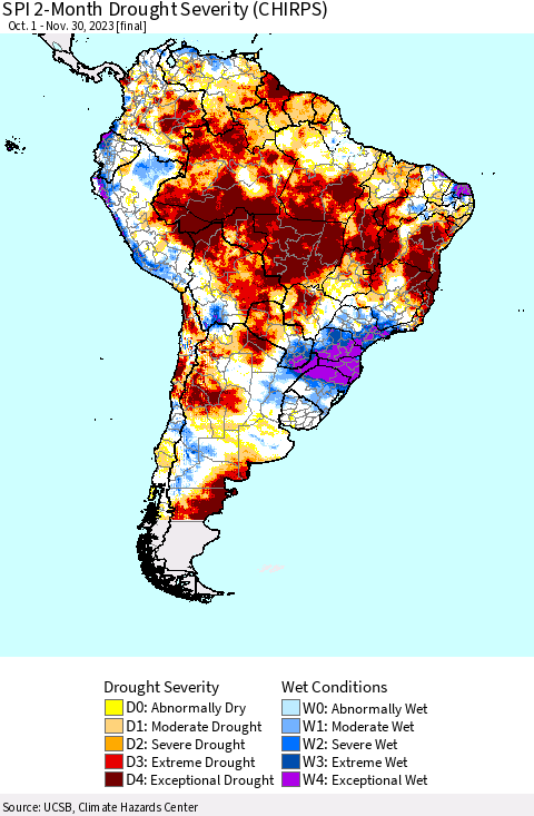 South America SPI 2-Month Drought Severity (CHIRPS) Thematic Map For 10/1/2023 - 11/30/2023