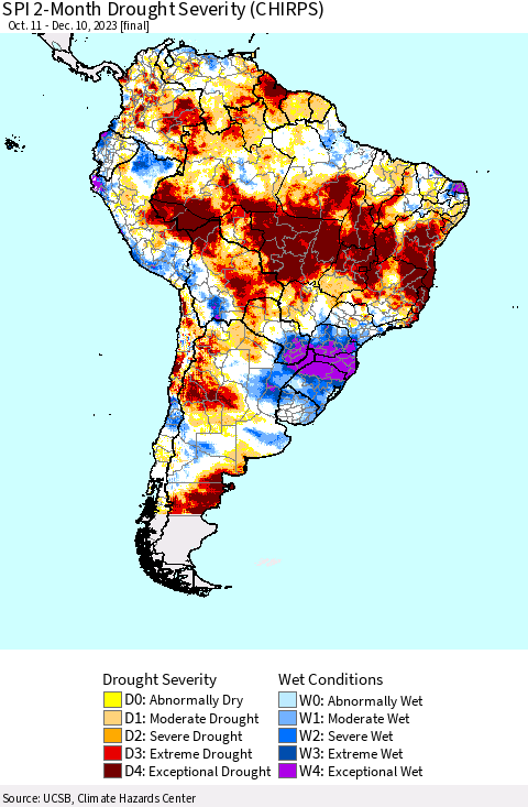 South America SPI 2-Month Drought Severity (CHIRPS) Thematic Map For 10/11/2023 - 12/10/2023